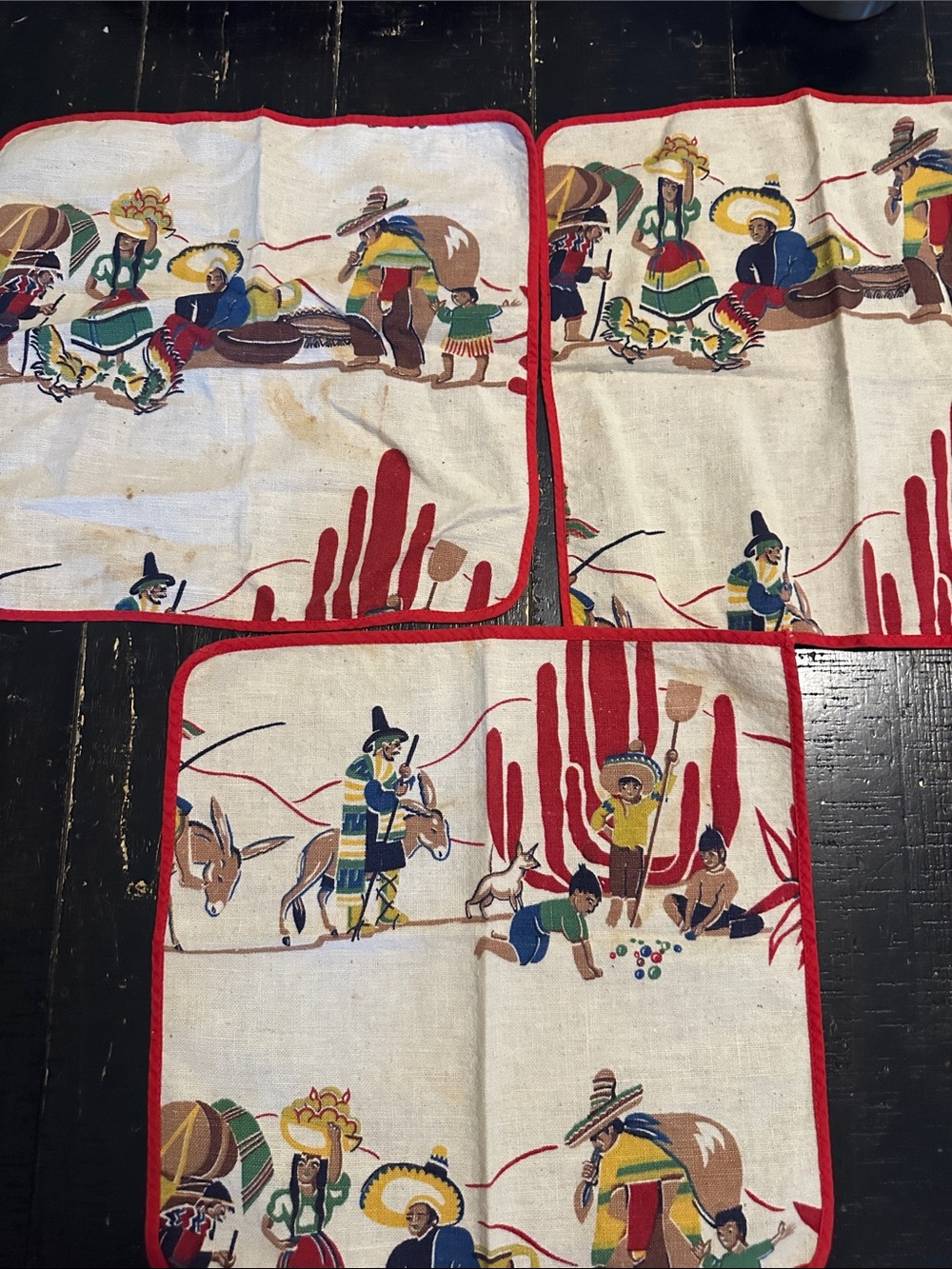 Vintage-Style Red Trim Printed Cotton Napkin Southwestern- Set of 3